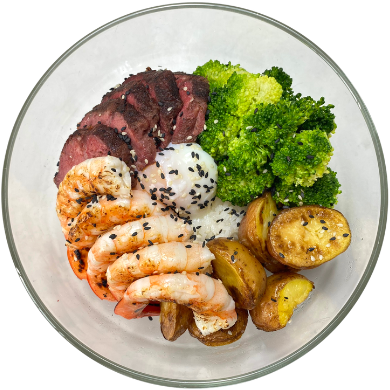Half beef steak, prawns, donburi white rice, baby potato, broccoli