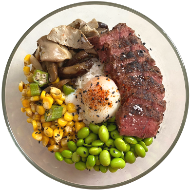 Full beef steak, donburi white rice, edamame, corn & okra, saute mixed mushrooms
