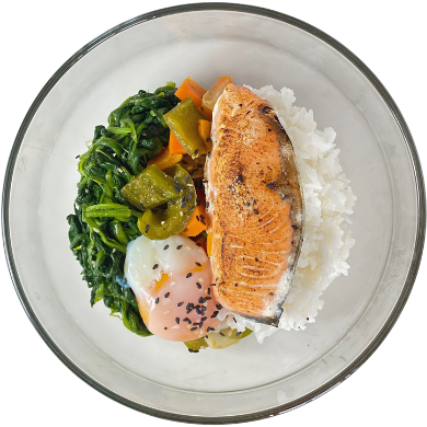 Norwegian Salmon, donburi white rice, sesame spinach, saute mixed veggies